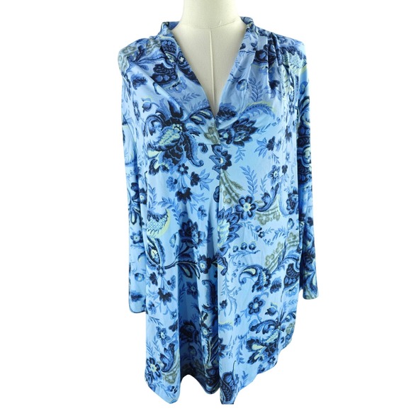 JM Collection Floral Paisley V-Neck Flowy Top Womens 3X Blue Coastal Tunic Boho - Picture 2 of 8